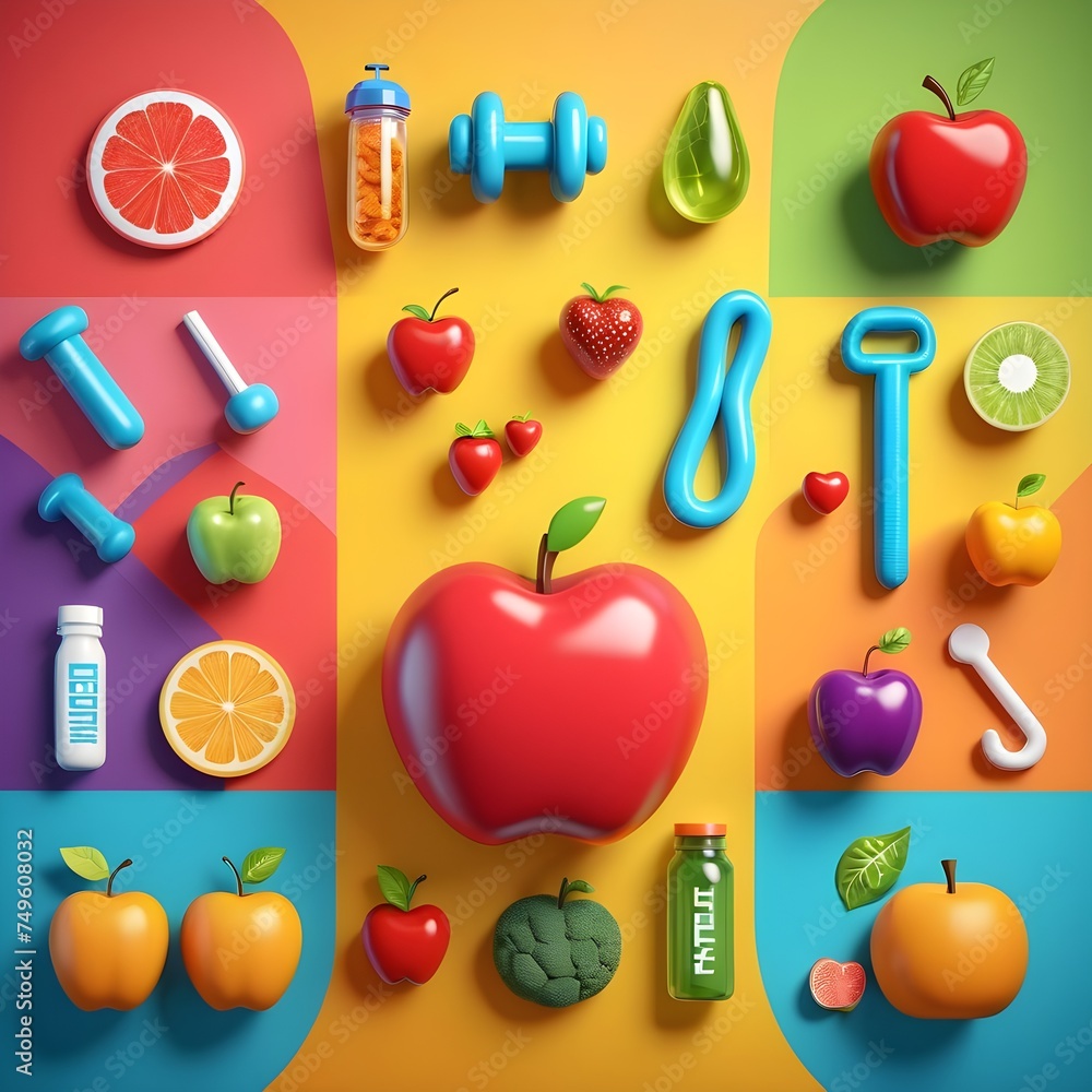 3D icons related to health and wellness including symbols for fitness medical tools healthy food and wellness concepts 3D icons related to health and wellness including symbols for fitness medical tools healthy food and wellness concepts