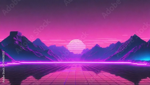 Synthwave retro cyberpunk style landscape background banner or wallpaper. Bright neon pink and yellow colors © Marko