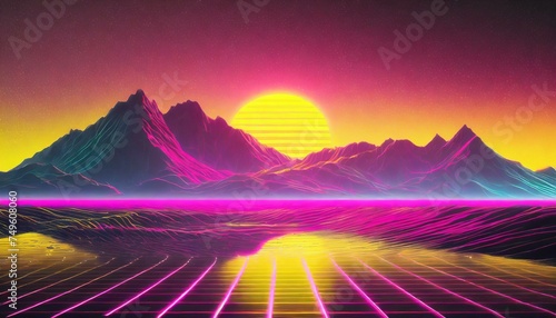 Synthwave retro cyberpunk style landscape background banner or wallpaper. Bright neon pink and yellow colors