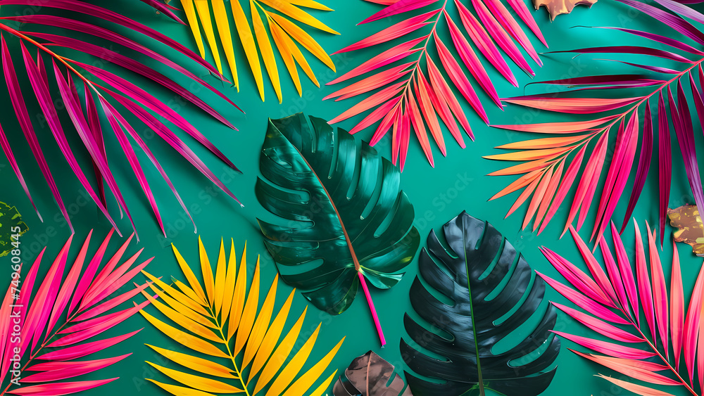 a creative arrangement of tropical leaves in fluorescent colors, arranged against a contrasting background,showcasing the beauty and diversity of nature with a modern and artistic twist,generative ai a creative arrangement of tropical leaves in fluorescent colors, arranged against a contrasting background,showcasing the beauty and diversity of nature with a modern and artistic twist,generative ai