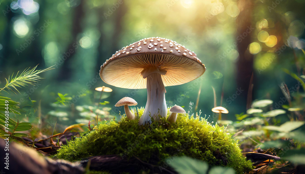Fototapeta premium Wild mushroom growing in the forest on mossy ground. Green woods. Beautiful nature.