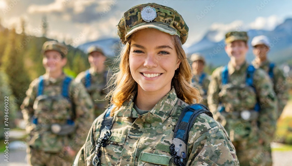 Smiling Young female adult soldier in a soldier's uniform together with other soldiers in a soldier's uniform on a mission Smiling Young female adult soldier in a soldier's uniform together with other soldiers in a soldier's uniform on a mission