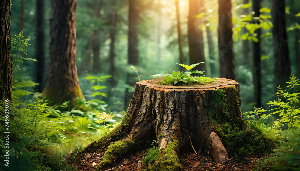 Tree stump with green moss in the forest. Natural autumn background. Tree stump with green moss in the forest. Natural autumn background.