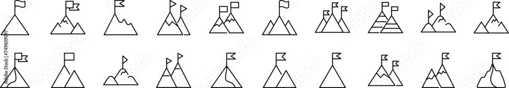 Mountain with flag on top line Icons collection. Editable stroke. Simple linear illustration for web sites, newspapers, articles book Mountain with flag on top line Icons collection. Editable stroke. Simple linear illustration for web sites, newspapers, articles book