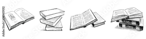 Printed books collection sketches black and white vector hand drawings isolated on white