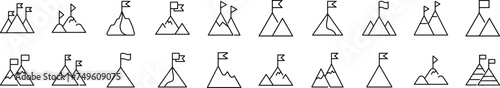 Set of line icons of mountain with flag on top. Editable stroke. Simple outline sign for web sites, newspapers, articles book