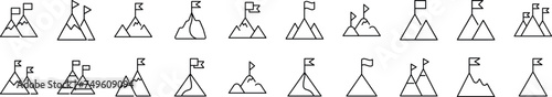 Collection of thin line icons of mountain with flag on top. Editable stroke. Simple linear illustration for web sites, newspapers, articles book