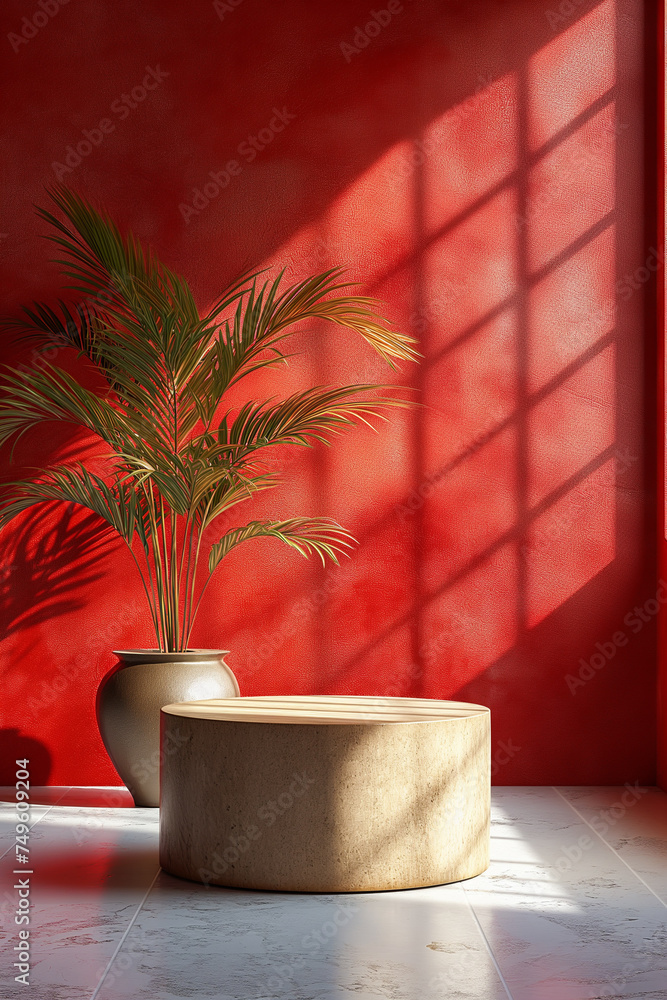 Product podium, display, pedestal with red wall for advertising Product podium, display, pedestal with red wall for advertising
