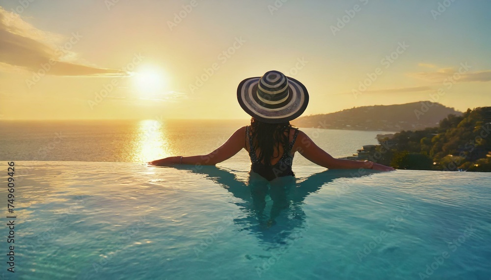 Woman on summer vacation holiday relaxing in infinity swimming pool with blue sea sunset  - obrazy, fototapety, plakaty 