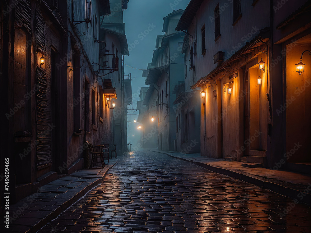 Old European street night scene. Generative ai