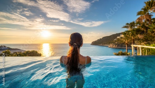 Woman on summer vacation holiday relaxing in infinity swimming pool with blue sea sunset 