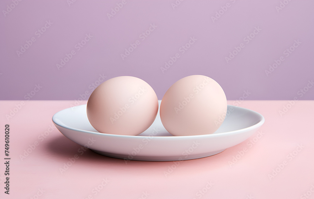 Two eggs on the white plate on the pink Two eggs on the white plate on the pink
