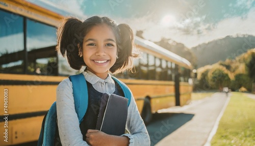  Smiling elementary student girl smiling and ready to board school bus