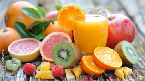 Healthy fresh fruits juice, drink. Vitamins, fitness drink, health food.