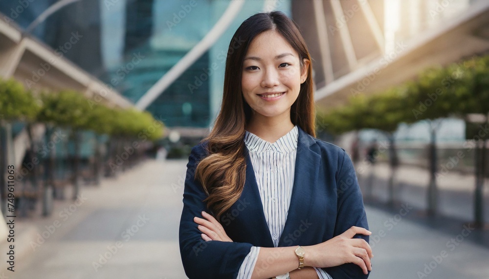 Young happy pretty smiling professional business woman, happy confident positive female entrepreneur standing outdoor on street arms crossed, looking at camera Young happy pretty smiling professional business woman, happy confident positive female entrepreneur standing outdoor on street arms crossed, looking at camera