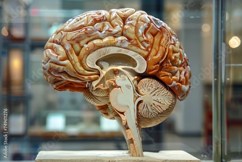 A brain model is on display in a glass case