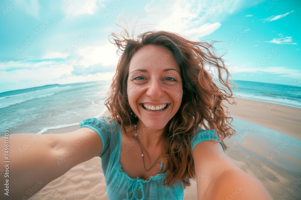 Portrait of calm happy smiling free woman laughing at her smartphone camera taking a selfie enjoying a beautiful moment life on the seashore Portrait of calm happy smiling free woman laughing at her smartphone camera taking a selfie enjoying a beautiful moment life on the seashore