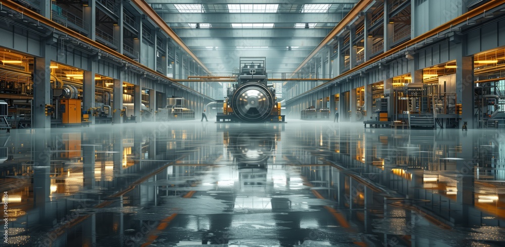 A vast building with machinery and their reflection on the floor