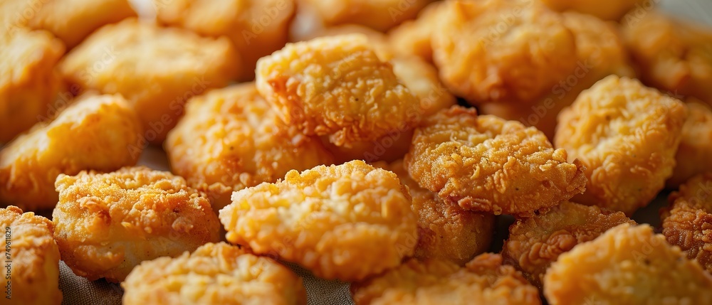 Background of golden fried chicken nuggets in breadcrumbs. Background of golden fried chicken nuggets in breadcrumbs.