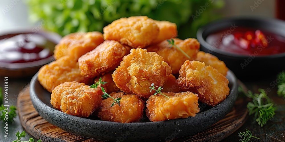 Delicious crispy fried breaded nuggets with ketchup on black plate. Dark background Delicious crispy fried breaded nuggets with ketchup on black plate. Dark background