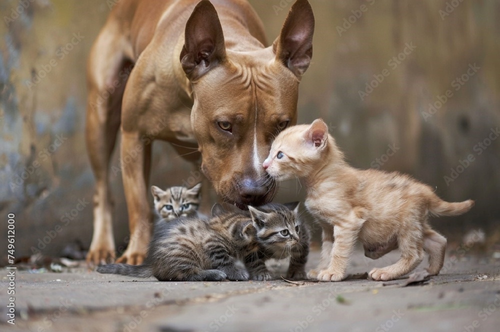 Stunning high resolution photo of a light brown American Pit Bull Terrier and small kittens. Stunning high resolution photo of a light brown American Pit Bull Terrier and small kittens.