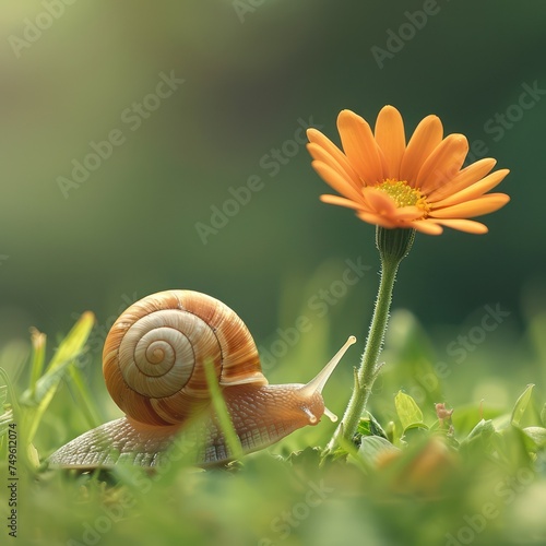 Medium shot of a cheerful snail racing towards a spring flower embodying slow but steady progress minimalist background
