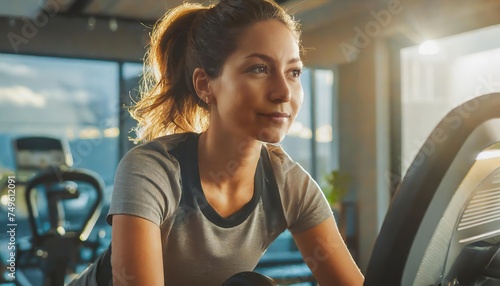 Woman on stationary exercise bike, focused on maintaining a healthy lifestyle and improving her physical fitness by engaging in cardiovascular workouts at home or in the gym photo