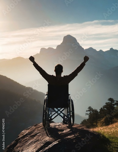 Silhouette of man in wheelchair standing with arms raised up on mountain top