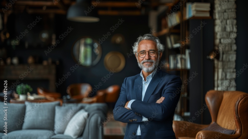 Portrait of successful male with glasses in business suit, arms crossed and smiling. dark background, room for copy space. Portrait of successful male with glasses in business suit, arms crossed and smiling. dark background, room for copy space.