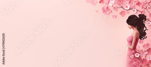 Concept or postcard for International Woman Day, lady's graceful silhouette with long hair, in pink dress, standing amidst array of beautiful flowers on soft pink background, aura of elegance