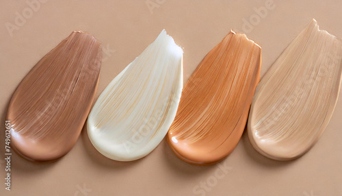 Smears of liquid foundation isolated on beige background. Different skin tone bb cream.