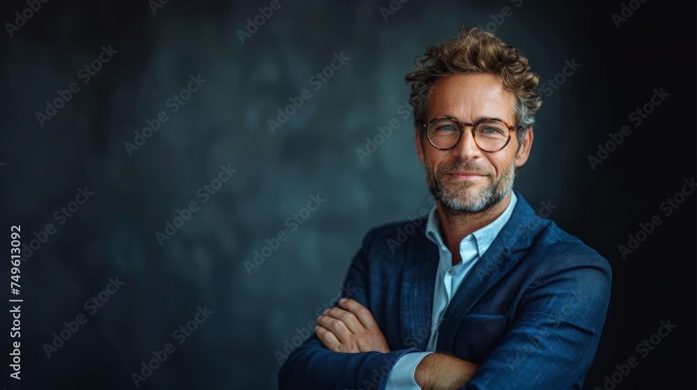 Portrait of successful male with glasses in business suit, arms crossed and smiling. dark background, room for copy space. Portrait of successful male with glasses in business suit, arms crossed and smiling. dark background, room for copy space.