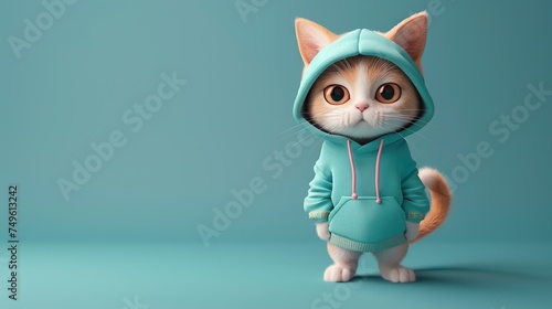 cute 3d cat in teal hoodie on teal background