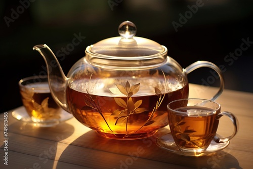 Glass teapot sits elegantly on wooden table next to steaming cup of tea, creating tranquil scene for cozy afternoon break. Scene evokes sense of comfort and relaxation. Calming moment in busy day.