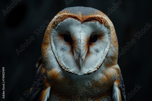 A large owl with a heart on its face is staring at the camera
