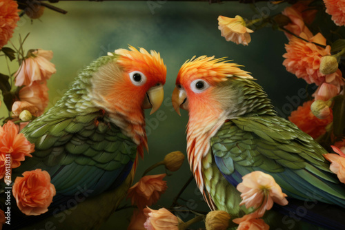 Affectionate lovebirds in lush spring garden