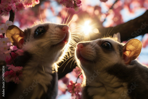 Curious sugar gliders in sunlit forest canopy