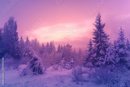A snowy forest with a pink sky in the background © Aliaksandr Siamko