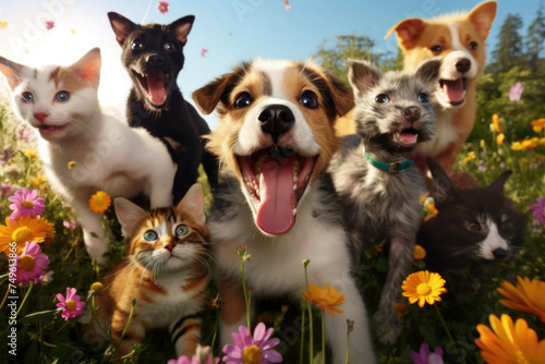 Playful pets in a field of blooming flowers © Michael Böhm