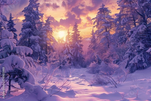 A snowy forest with trees and a sun setting in the background © Aliaksandr Siamko