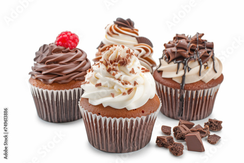 Exquisite gourmet cupcakes with creamy frosting, garnished with fresh raspberry, chocolate shavings, and sauce. Ideal for dessert menus and bakery ads