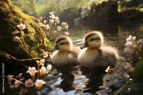 Baby ducklings in spring meadow photo