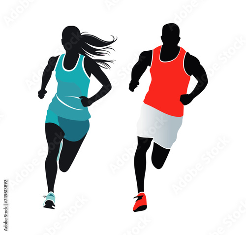 Silhouettes clipart of athlete woman and man running, vectors featuring workout sports, such as jogging, running, sprint, marathon, and physical exercise. 