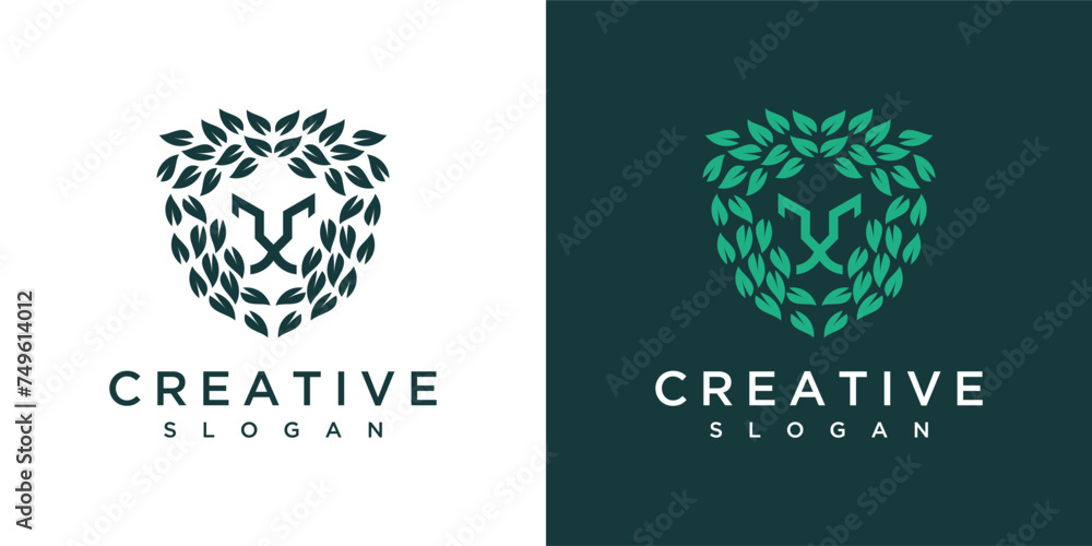 simple nature tiger logo design. tiger vector logo with leaves - obrazy, fototapety, plakaty 