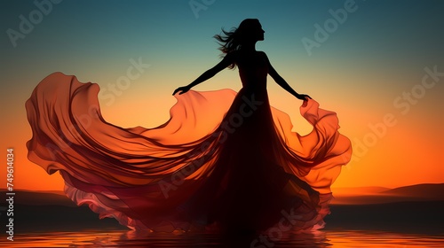 An artistic silhouette of a model in a flowing dress, posed against a gradient background transitioning from warm orange to cool blue