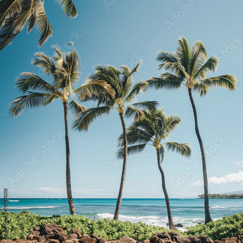 Tropical Beach Paradise with Palm Trees and Clear Blue Sky © HustlePlayground