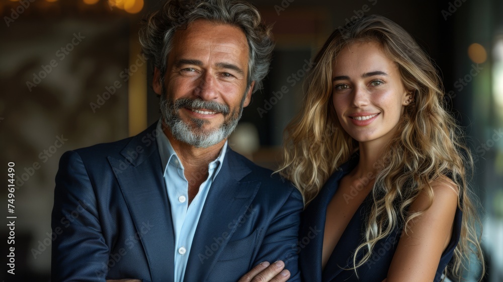 Portrait of successful male and female in business suits, arms crossed and smiling. Team. dark background, room for copy space. Portrait of successful male and female in business suits, arms crossed and smiling. Team. dark background, room for copy space.