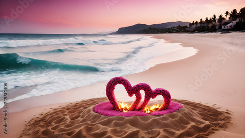 Fototapeta Naklejka Na Ścianę i Meble -  A secluded beach with a crackling bonfire surrounded by heart-shaped sand sculptures. The waves gently kiss the shore under a sky painted with hues of pink and orange