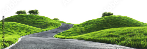 Winding road through lush green hills, cut out - stock png.