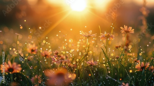 Setting Sun Casting Light on Field of Grass © olegganko